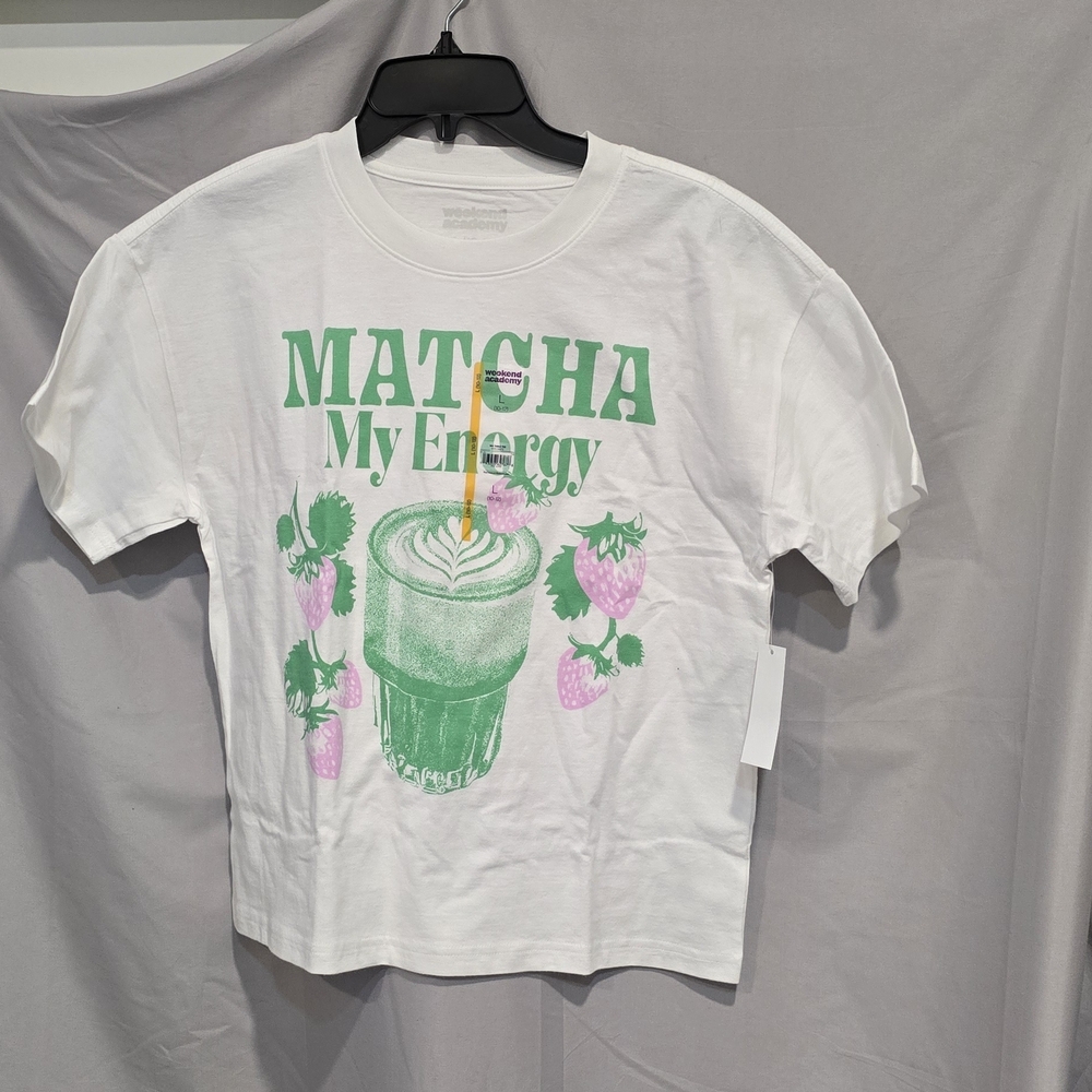 Matcha My Energy Graphic Tee - White with Green & Pink